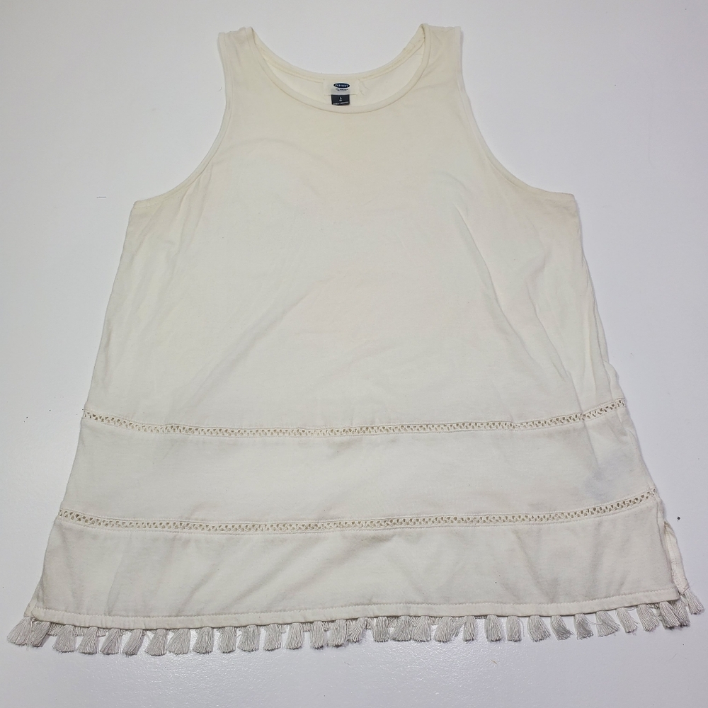 Old Navy Women Tank Top Large White Tassel‎ Hem Lightweight Relaxed Minimalist